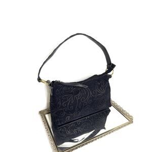 Vintage Madison Studio Black Suede Shoulder bag , top handle bag with gold deta